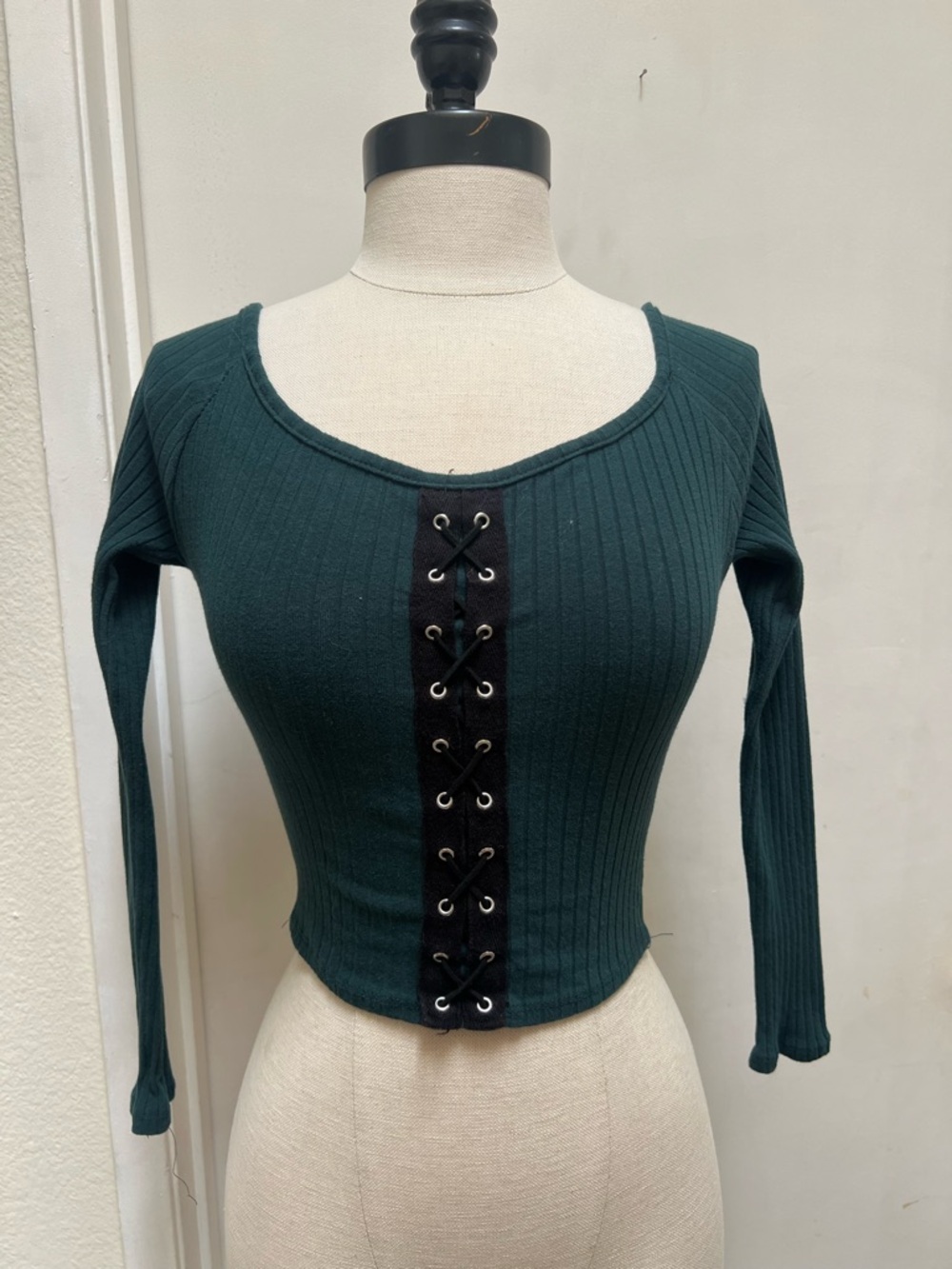 Bozzolo Dark Teal Ribbed Lace-Up Long Sleeve Crop Top